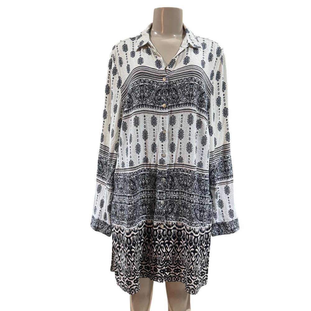 Chicos Tunic Top Womens Ivory Black Shirt Dress Floral Button Boho sz 2/Large